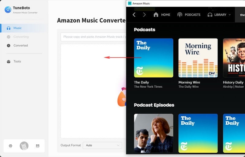 drag podcast to tuneboto